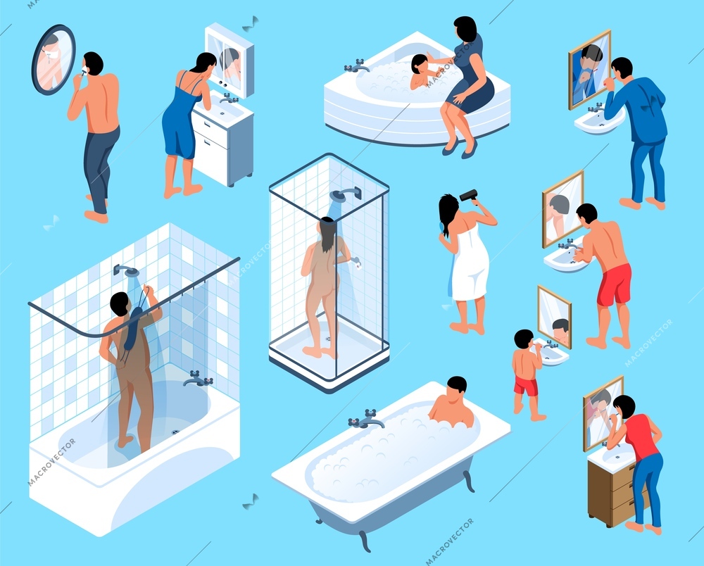 Isometric hygiene routine set with isolated icons of bathroom fixtures with characters of adults and children vector illustration