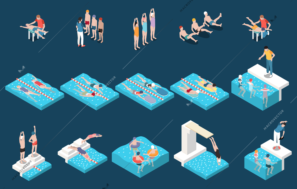 Kids swimming school isometric set of children doing preparation exercises diving workout backstroke swimming with rings and kickboard isolated vector illustration