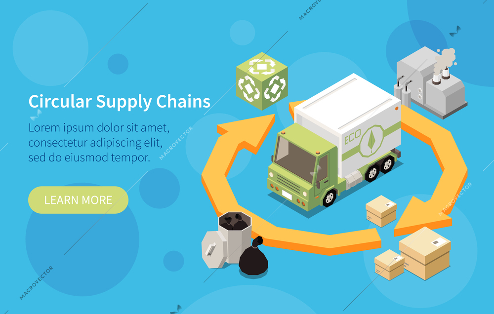 Sustainable manufacturing isometric web banner depicting circular supply chains vector illustration