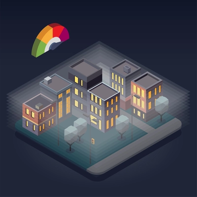 Air pollution isometric concept with view of smoggy city street on dark background 3d vector illustration