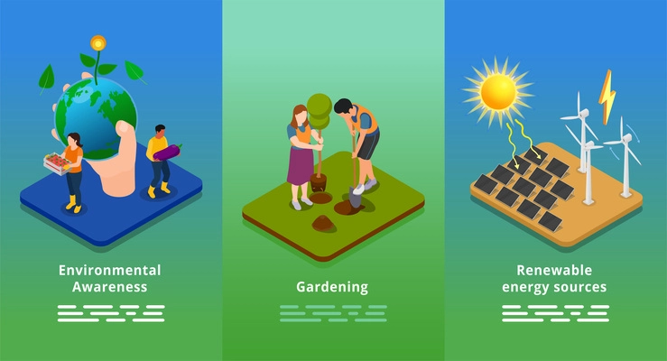 Ecological awareness infographics with people planting trees and using alternative sources of energy vector illustration