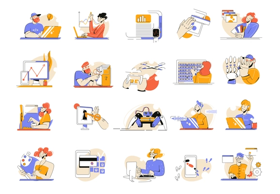 It specialist flat set with isolated compositions of computer art icons and characters of young entrepreneurs vector illustration