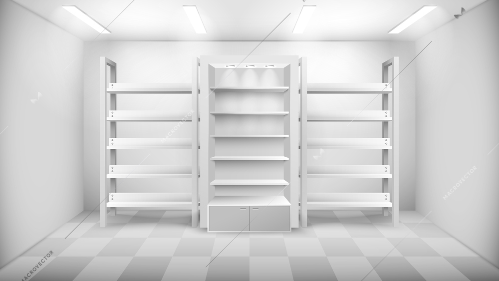 Shop interior in white color with three empty racks and ceiling lights realistic vector illustration