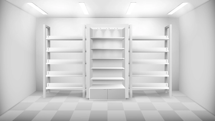 Shop interior in white color with three empty racks and ceiling lights realistic vector illustration