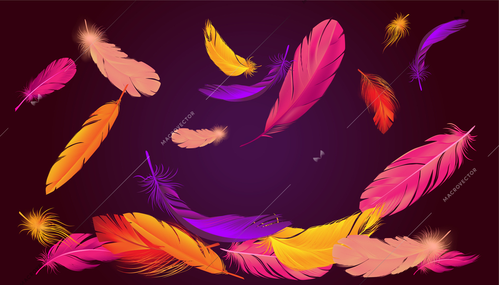 Realistic feathers composition with images of falling neon colored bird feathers of different shape and size vector illustration