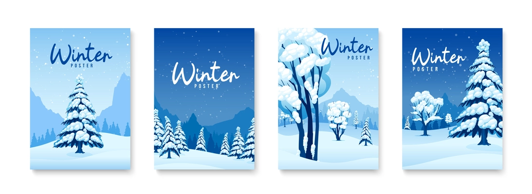 Winter posters blue set with Snowdrifts and christmas trees isolated vector illustration