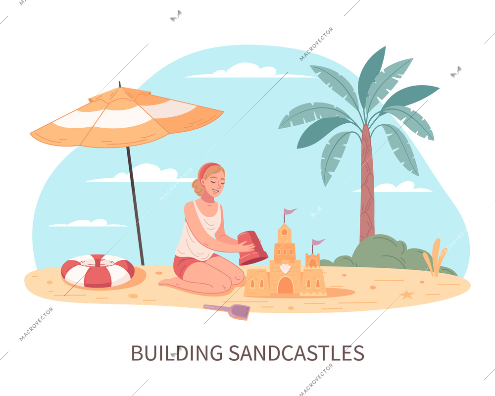 Beach activities flat cartoon with young woman building sand castle vector illustration