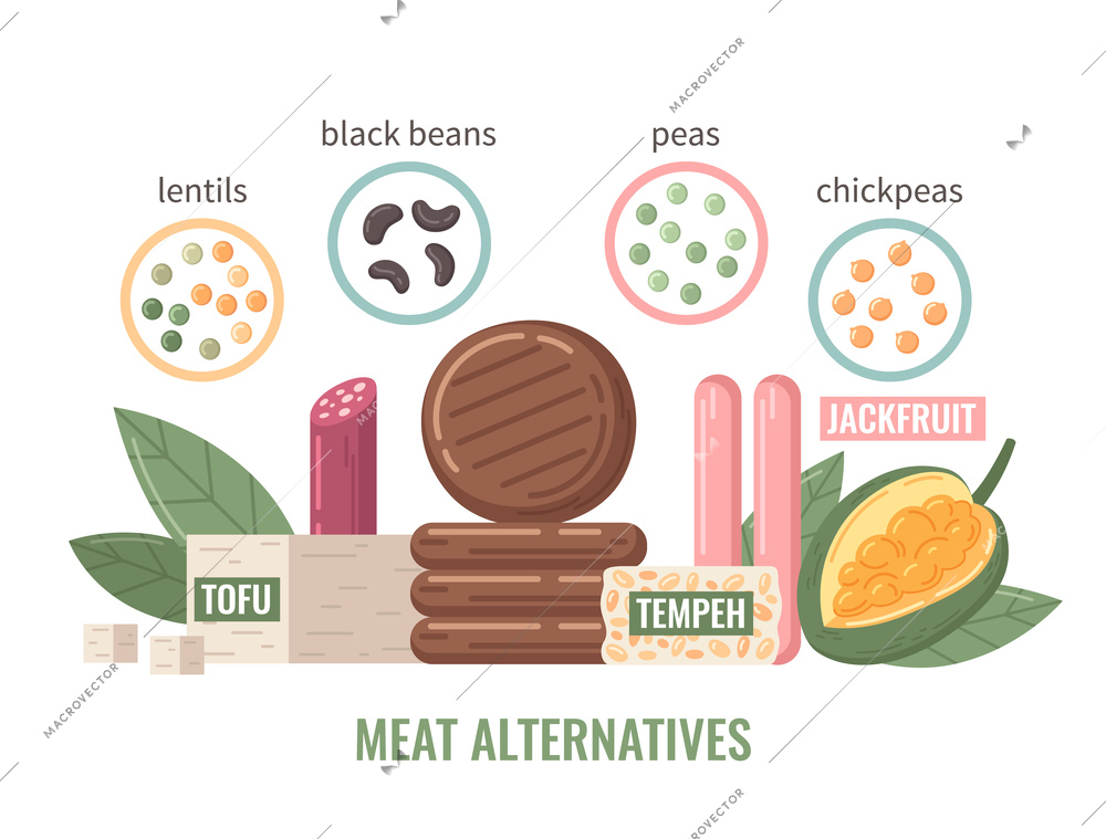 Food nutrition flat composition with beans and soy meat alternatives vector illustration