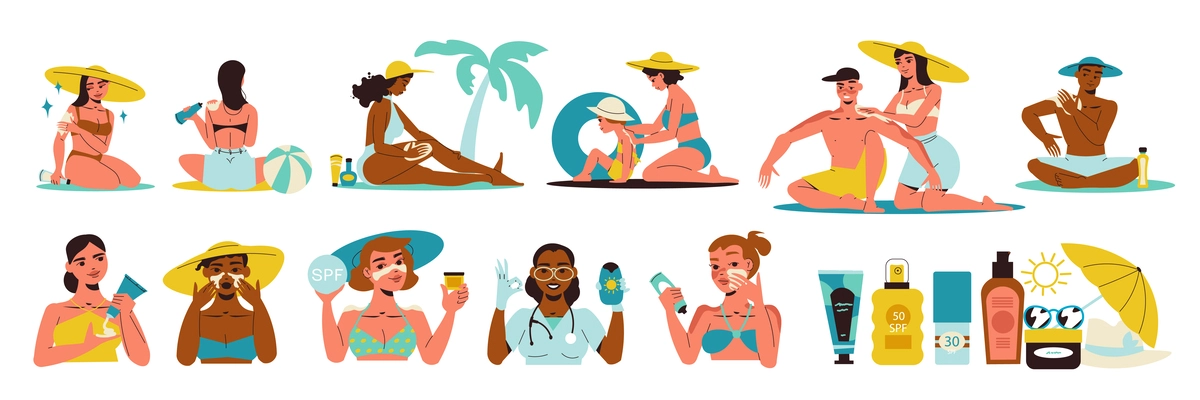 Sunblock icons set with people applying sunscreen on beach isolated vector illustration