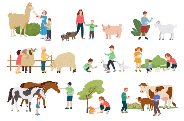 Contact farm flat compositions set of adults and children interacting with farm animals outdoors isolated vector illustration