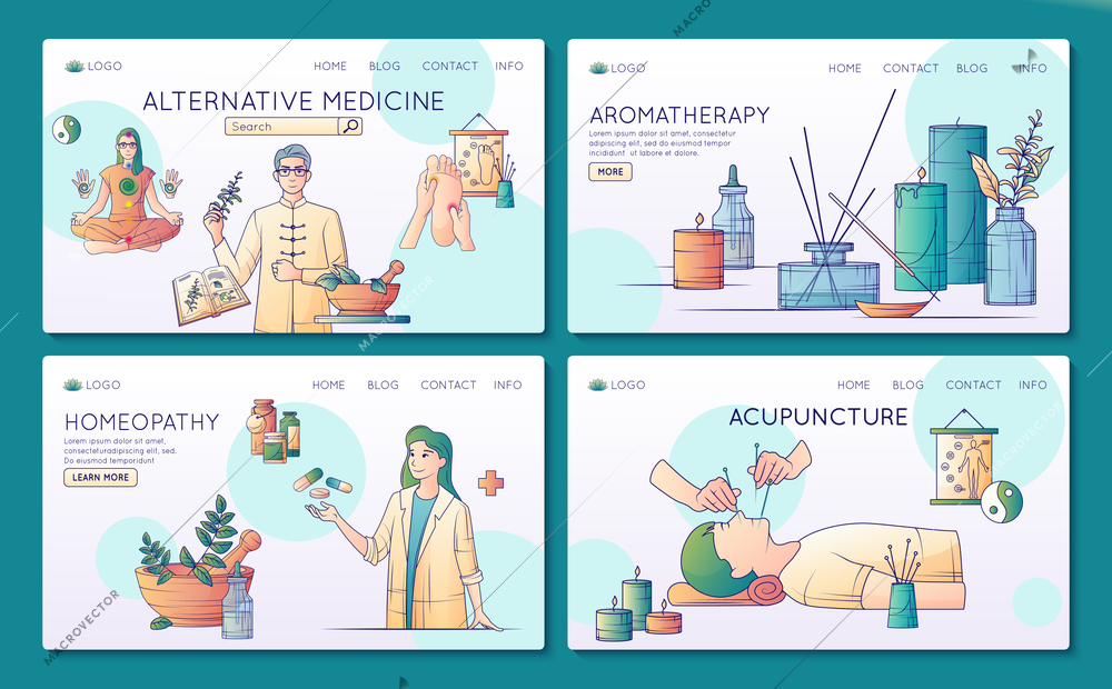 Alternative medicine flat line set of four web site landing pages with images links and text vector illustration