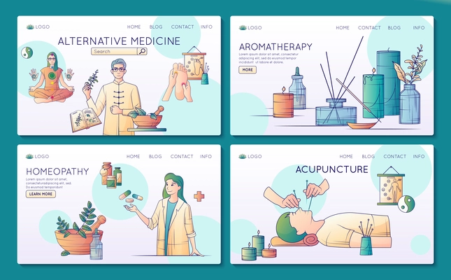 Alternative medicine flat line set of four web site landing pages with images links and text vector illustration