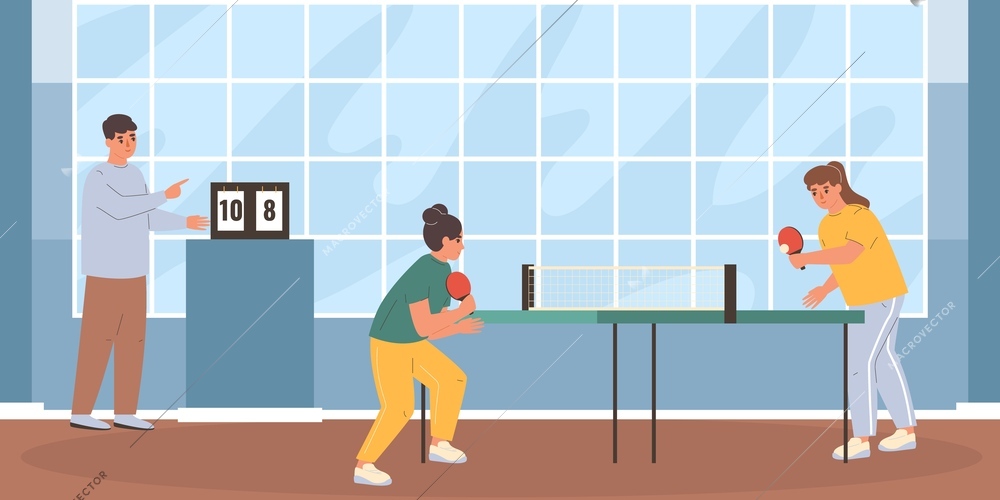Ping pong flat concept with young women playing table tennis vector illustration