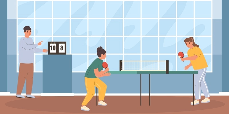 Ping pong flat concept with young women playing table tennis vector illustration