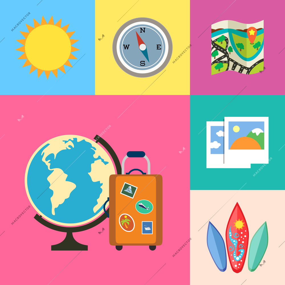 Flat vacation holidays and travel icons set of globe suitcase compass and map vector illustration