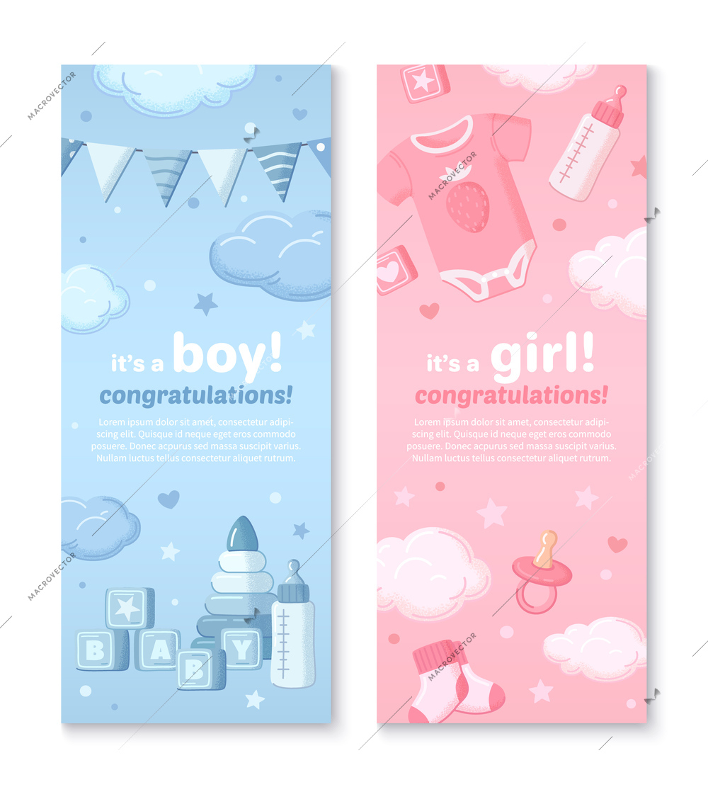 Baby shower cartoon invitation set with boy and girl birthday symbols isolated vector illustration