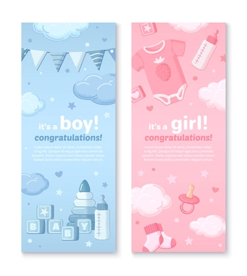 Baby shower cartoon invitation set with boy and girl birthday symbols isolated vector illustration