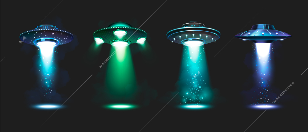 Ufo spacecrafts realistic icons set with spaceships in spotlights isolated vector illustration