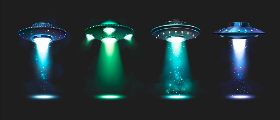 Ufo spacecrafts realistic icons set with spaceships in spotlights isolated vector illustration