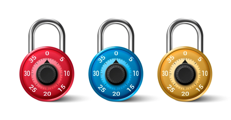 Realistic icons set of multicolored padlocks with numeric codes isolated vector illustration