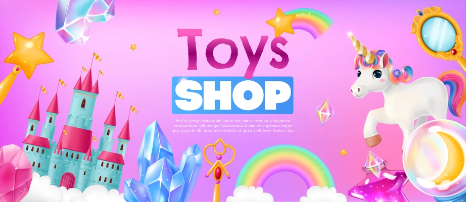 Toys shop horizontal pink poster decorated with cartoon fantasy magic objects realistic vector illustration
