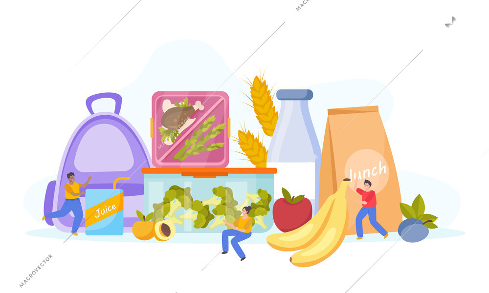 Lunch box flat composition of doodle human characters various meals and raw food in plastic containers vector illustration