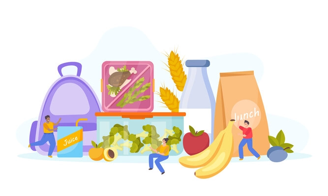 Lunch box flat composition of doodle human characters various meals and raw food in plastic containers vector illustration