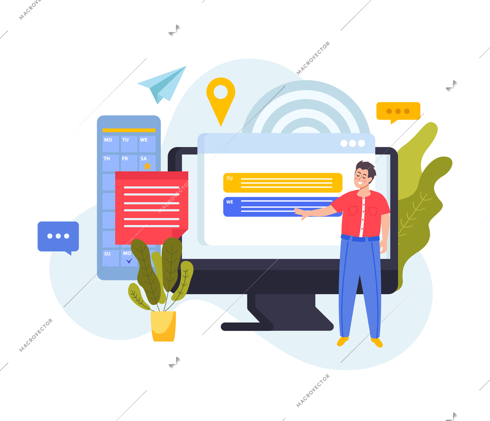 Event planning flat composition of calendar app location messaging signs chat bubbles computer and worker character vector illustration