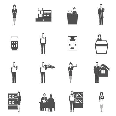 Salesman black icons set with shop receipt car dealer figures isolated vector illustration