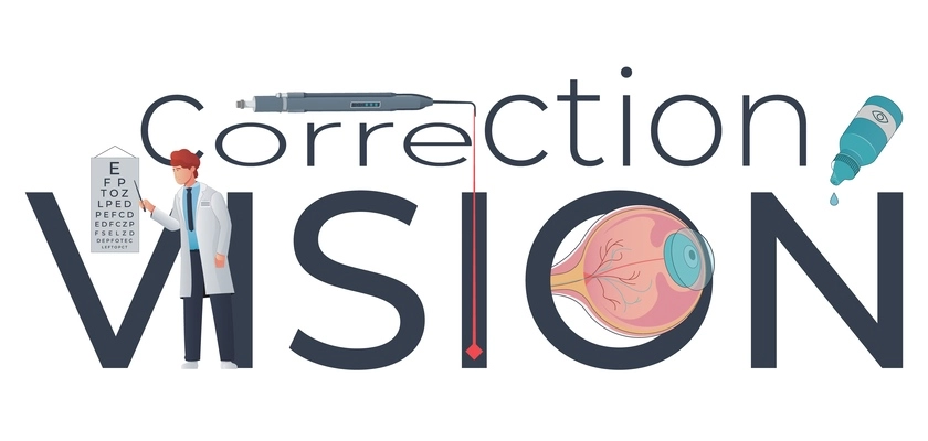 Vision correction flat header text with big letters decorated by eye structure and medical equipment small images vector illustration