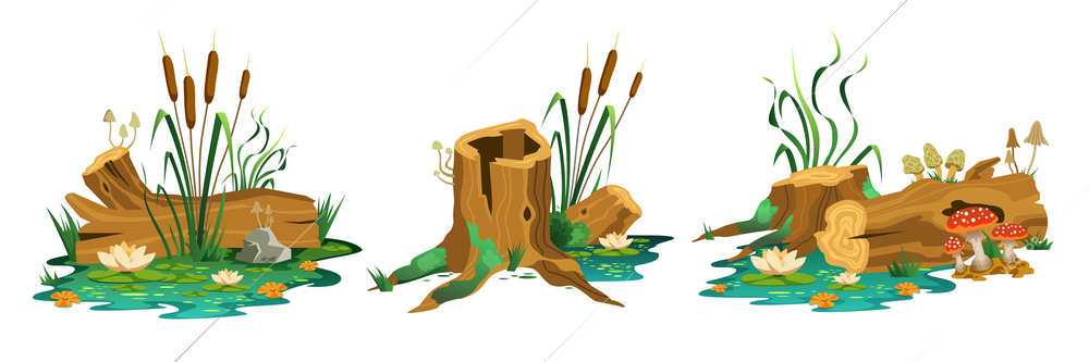 Set of three isolated swamp forest compositions with views of wild marsh stubs trunks and mushrooms vector illustration