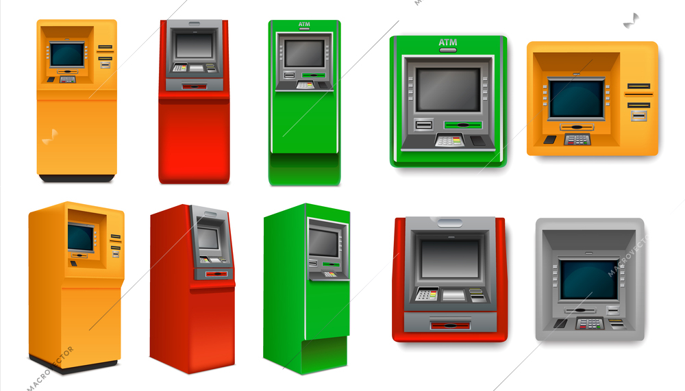 Yellow red and green atm machines realistic set from different sides isolated vector illustration