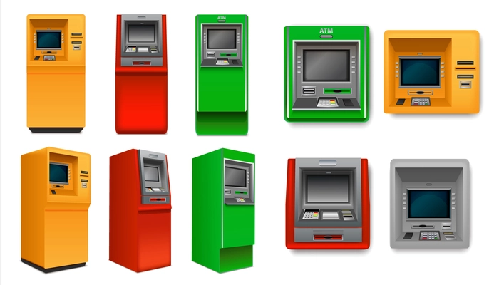 Yellow red and green atm machines realistic set from different sides isolated vector illustration