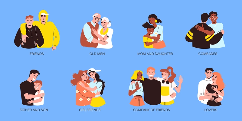 People hugging flat set of compositions with friends lovers young and senior couples families isolated on blue background vector illustration