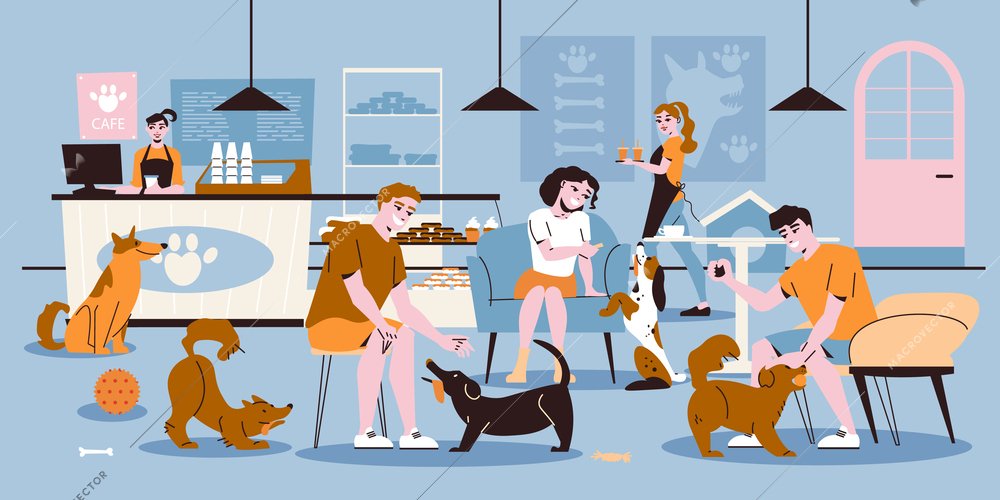 People play and eat together with dogs at pets cafe flat vector illustration