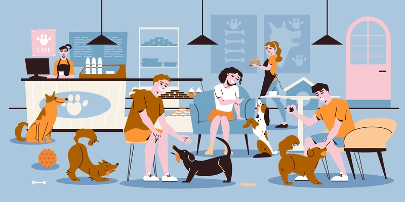 People play and eat together with dogs at pets cafe flat vector illustration