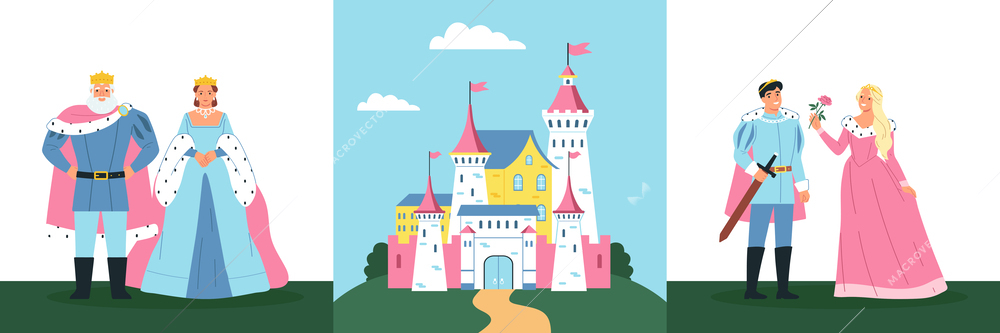 Set of three square compositions with outdoor castle landscape and characters of king queen and princess vector illustration