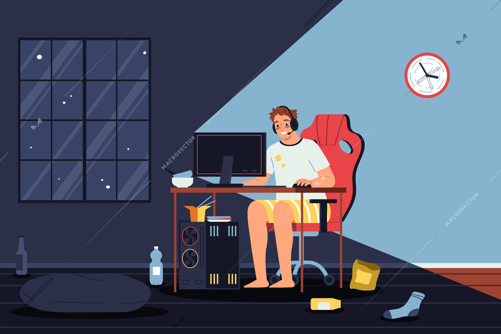 Addiction composition with nocturnal living room scenery with window and young man sitting at computer table vector illustration