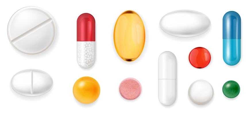 Realistic pills and capsules set of isolated images with top view of various shape and color vector illustration
