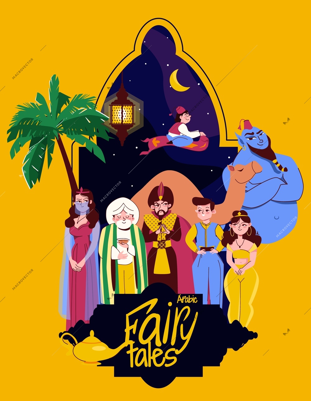 Oriental fairy tales flat poster with cartoon characters from tales of thousand and one nights vector illustration