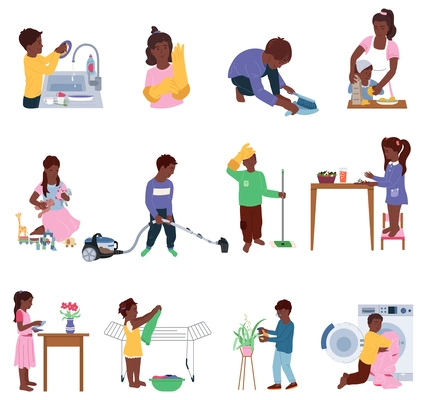 Household children set of isolated compositions with african american children  characters performing various kinds of housework vector illustration