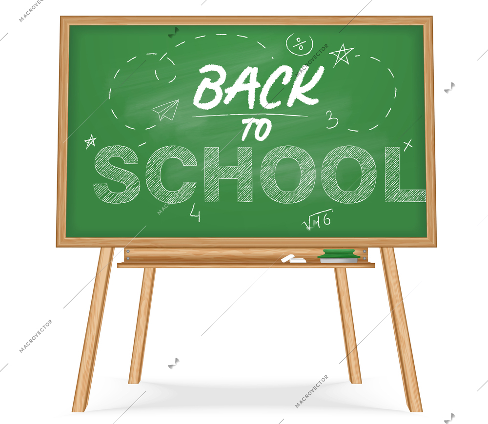 School blackboard chalkboard realistic composition with isolated view of wooden easel with green board and text vector illustration