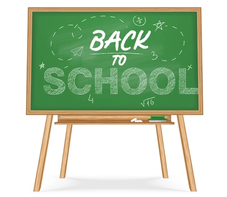 School blackboard chalkboard realistic composition with isolated view of wooden easel with green board and text vector illustration