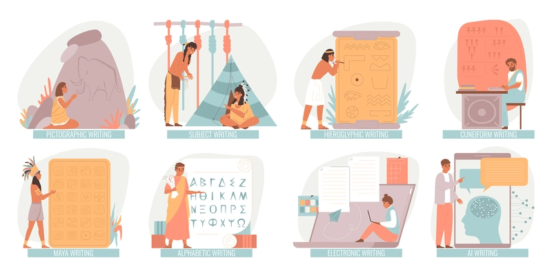 Evolution of writing flat set with ancient types and modern technologies isolated vector illustration