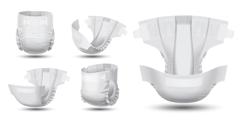 Realistic set of white baby diapers from different angles isolated vector illustration