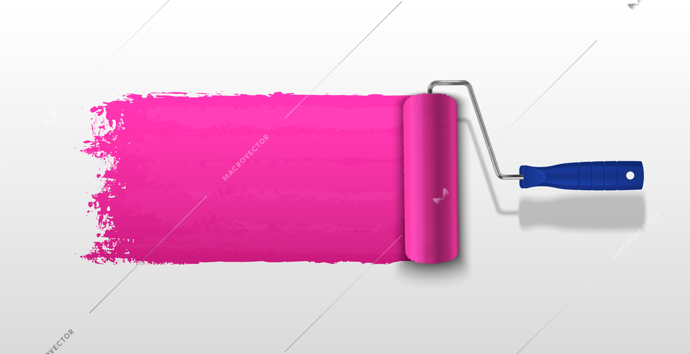 Roller painting bright pink strip on light grey background realistic vector illustration
