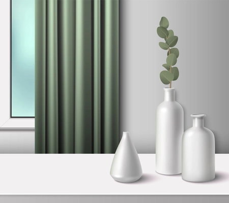 White ceramic porcelain vases in modern room interior realistic composition vector illustration