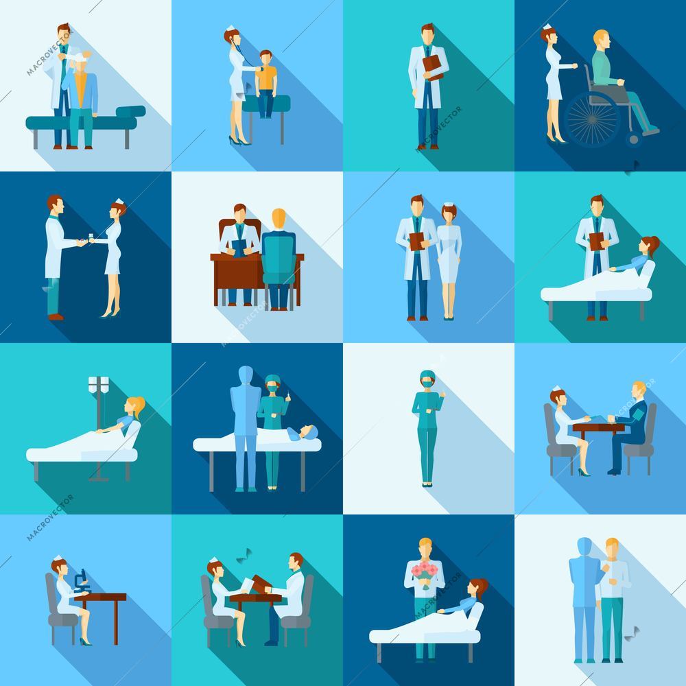 Doctors occupation professional health care flat icons set isolated vector illustration