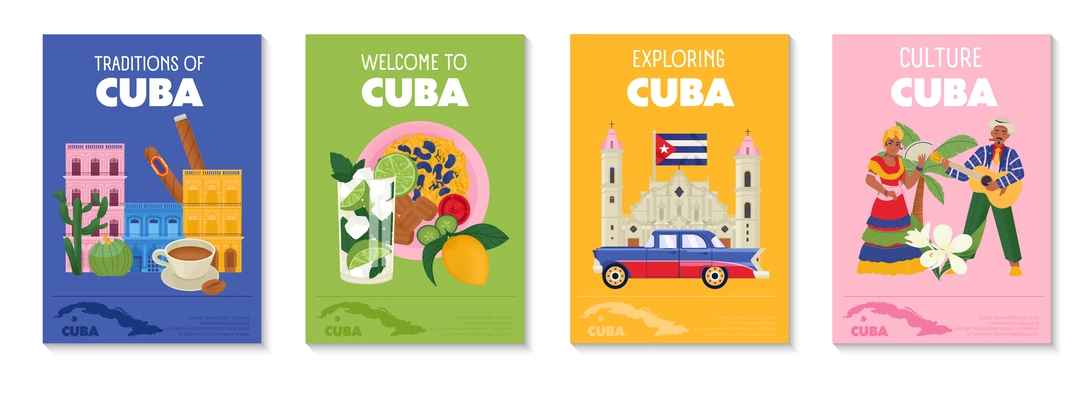 Cuba traditions and culture colorful vertical posters set with cuban cuisine people architecture flat isolated vector illustration