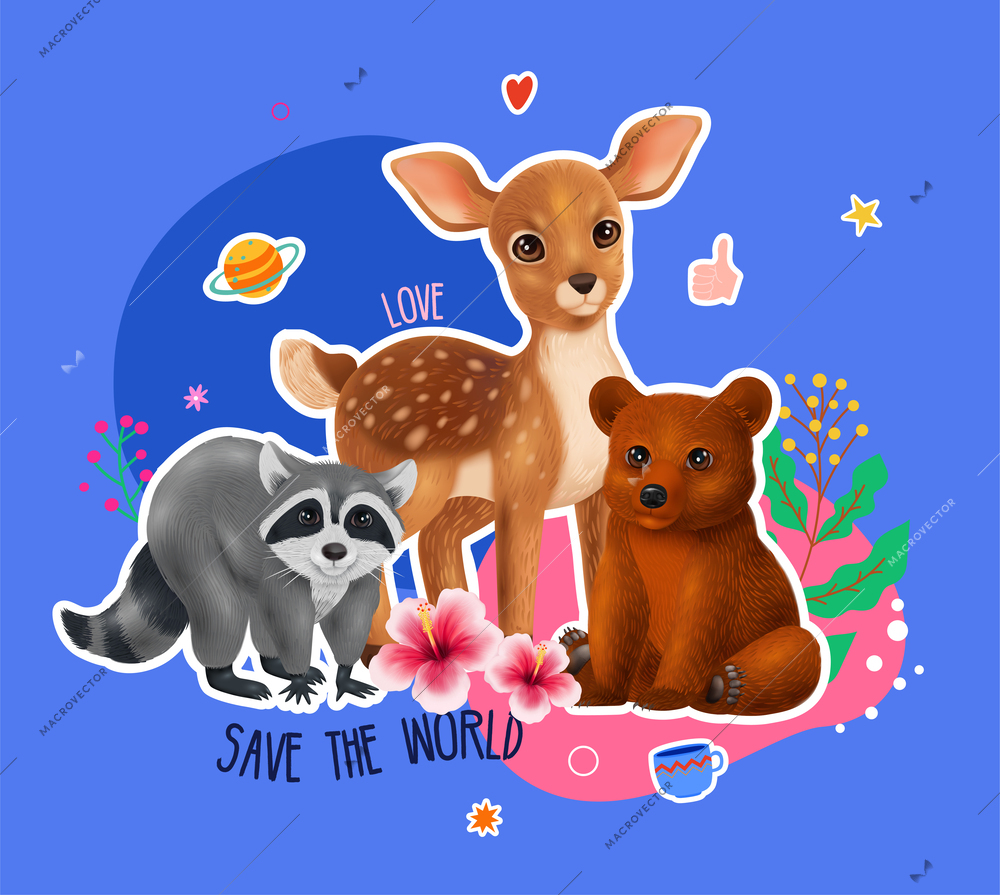 Realistic young animal composition with characters of joey racoon deer and bear with flowers and pictograms vector illustration